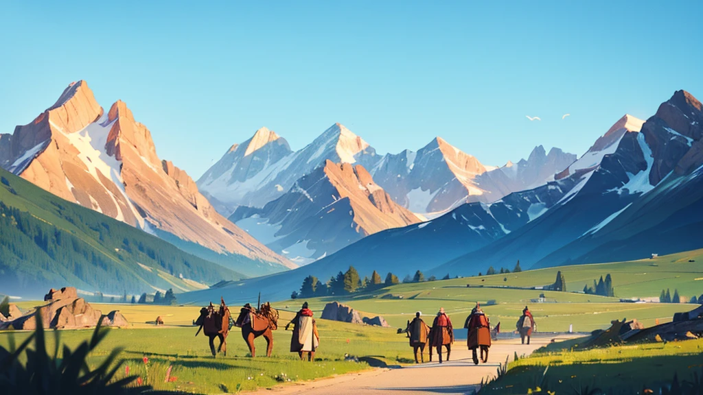 A bunch of men in the distance on dragons, against the background of mountains