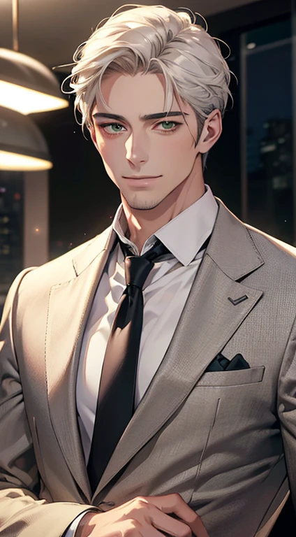 (Highest quality,4K,8K,High resolution,masterpiece:1.2),Super detailed,(Realistic,photoRealistic,photo-Realistic:1.37),1 person,34 years old,Mature Men,Beautiful skin、very handsome,Expressionless smile in love,Short white hair,green eyes,Sharp Eyes,A perfect face without a doubt,Businessman, CEO, Office Background,Cinema Lighting,HDR image,tie、