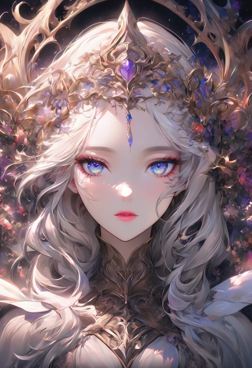 dark style, sakimychan style, Wlop style, portrait, Delicate face, Beautiful woman, Full lips, elf, 12th century, blue eyes, Briot, Lord of the Rings armor, white hair, Nearly perfect, Beautiful anime style, Clean Delicate face, glowing shadow, beautiful gradient, Depth of Field, Clean Graphics, high quality, High Detail, HD, Luminous Studio graphics engine