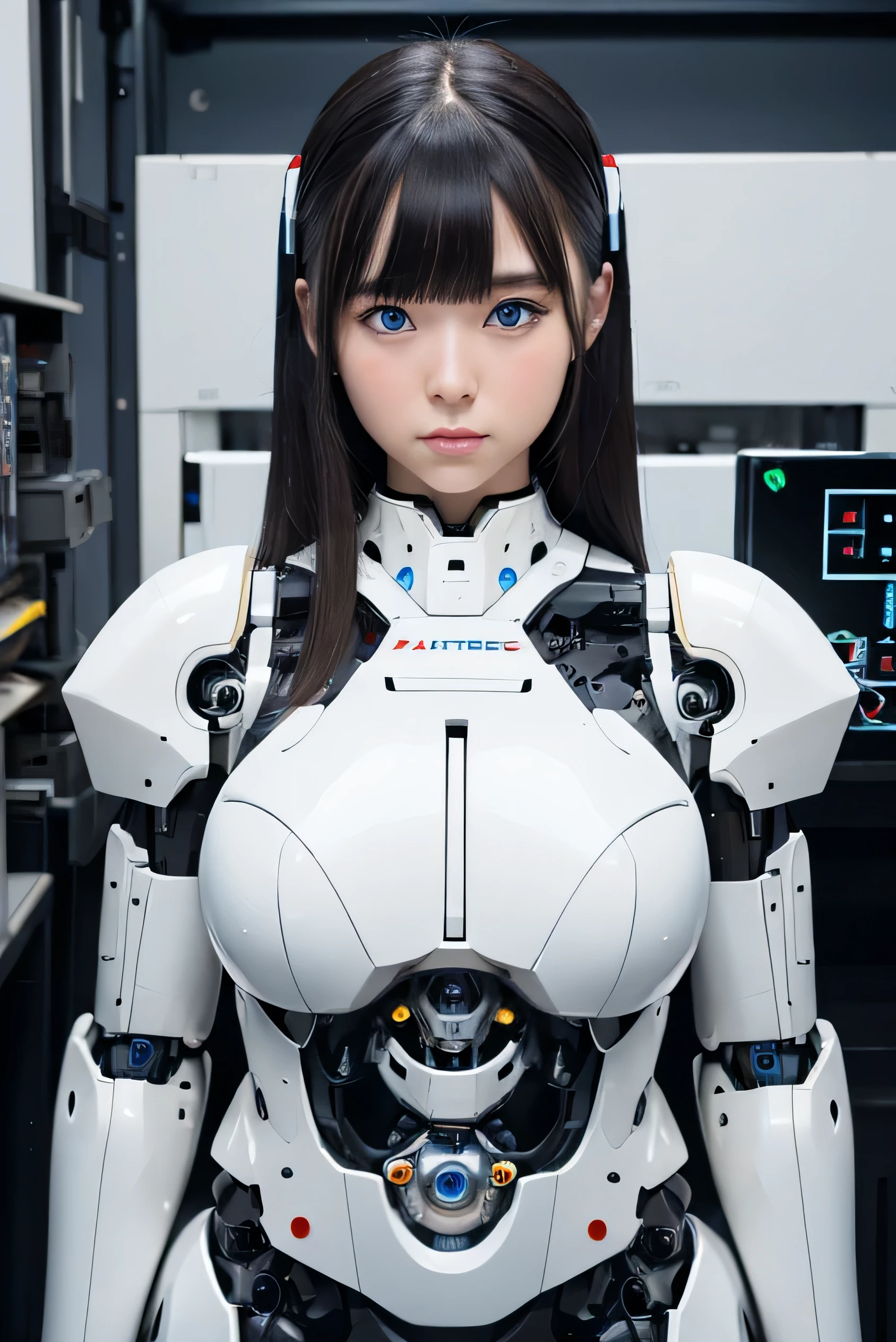 masterpiece, best quality, extremely detailed, Japaese android girl,Plump , control panels,android,Droid,Mechanical Hand, ,Robot arms and legs, Black hair,Mechanical body,Blunt bangs,White Robotics Parts,perfect robot woman,Charging spot,perfect mechanical body,white robotics body,android assembly plant,white body,She has repaired,black sponge joints,android,laboratory,perfect machine body,white robot body,blue eyes