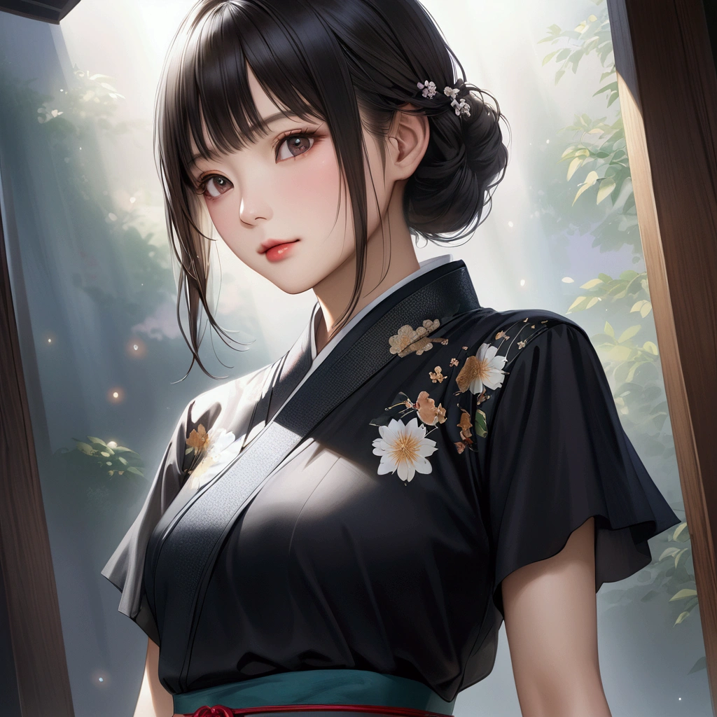 A japanese woman wearing a black short-sleeved dress、Realistic