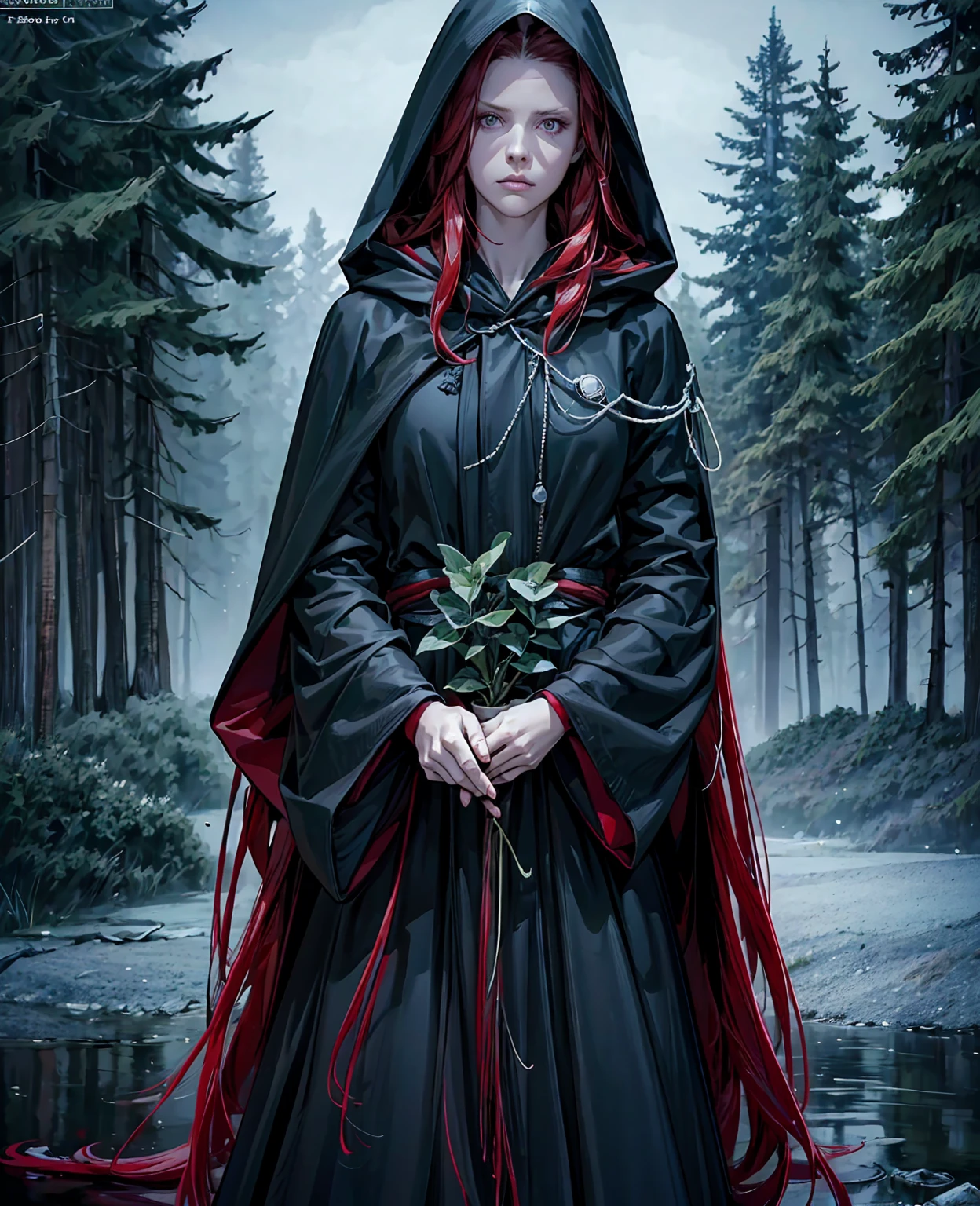 a beautiful girl with long red hair, wearing a black hooded cloak, standing in a peaceful lake forest, (best quality,4k,8k,highres,masterpiece:1.2),ultra-detailed,(realistic,photorealistic,photo-realistic:1.37),detailed eyes,detailed lips,extremely detailed face,longeyelashes,gothic,dark fantasy,atmospheric lighting,moody colors,dramatic lighting,cinematic,dramatic composition,mystical,enchanting,captivating