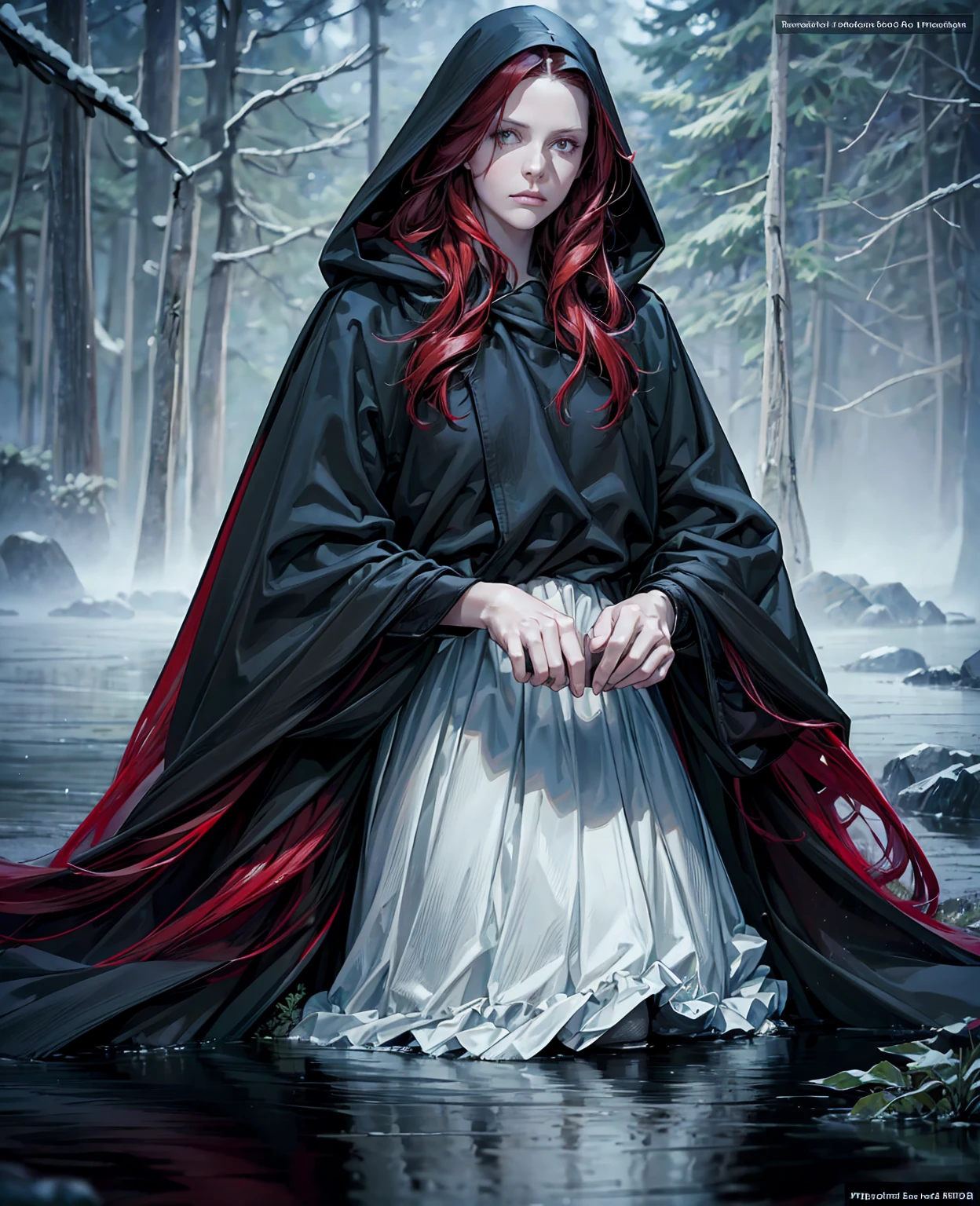 a beautiful girl with long red hair, wearing a black hooded cloak, standing in a peaceful lake forest, (best quality,4k,8k,highres,masterpiece:1.2),ultra-detailed,(realistic,photorealistic,photo-realistic:1.37),detailed eyes,detailed lips,extremely detailed face,longeyelashes,gothic,dark fantasy,atmospheric lighting,moody colors,dramatic lighting,cinematic,dramatic composition,mystical,enchanting,captivating