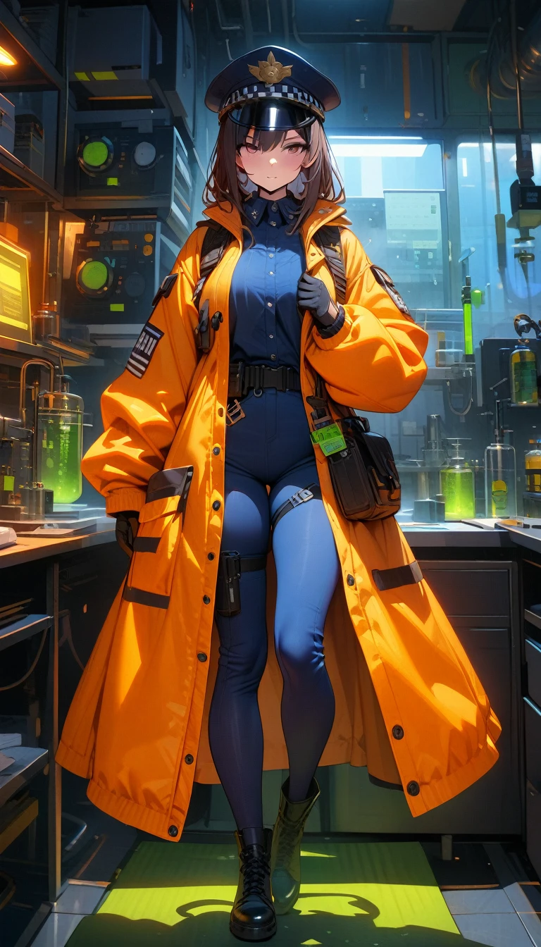 ((best quality)) , ((masterpiece)) , (detailed),1girl,Police, arrogant expression, in the laboratory, toxic gas permeating,((full body))