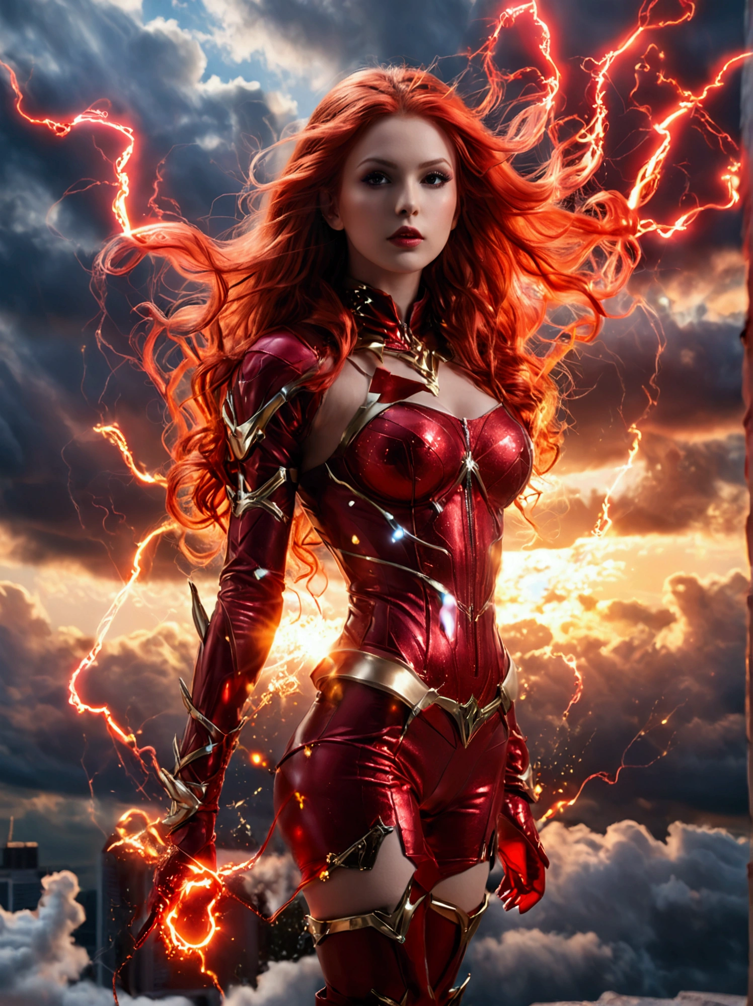 (full body shot:1.1) photorealistic image of a (standing pose:1.1) woman, ultrarealistic, photography, long red hair, girl, 24 years old, hourglass figure, perfect body, Flirty look, extremely detailed artgerm, in the style artgerm, facing the camera, lens 35 mm, blur background, scarlet witch red cosplay, floating in the air, red electric glowing hands, sparkling with red electricity, outside in darkening clouds, clouds with red electricity, full body, full body pic (full body) (full body portrait), show her from head to toe, she is wearing red knee high boots with gold soles