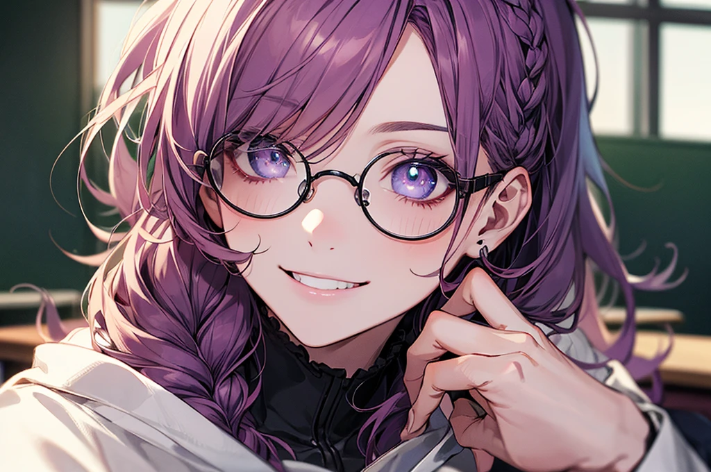 men's，single braid hair，violet colored hair，（Eye 1：2，Clear eyes，Elaborate Eyes，Delicate pupils，Good eyes，eye detailed），Face Focus，Adult，In black suit，best qualtiy，facial detailing，‎Classroom，sit on desk，sitting in the couch，lazy，Detailed background，diffuse sunlight，depth of fields，Studying　Smiling at your desk, violet eyes,black gloves, round glasses, long sleeves,violet hair, smile,