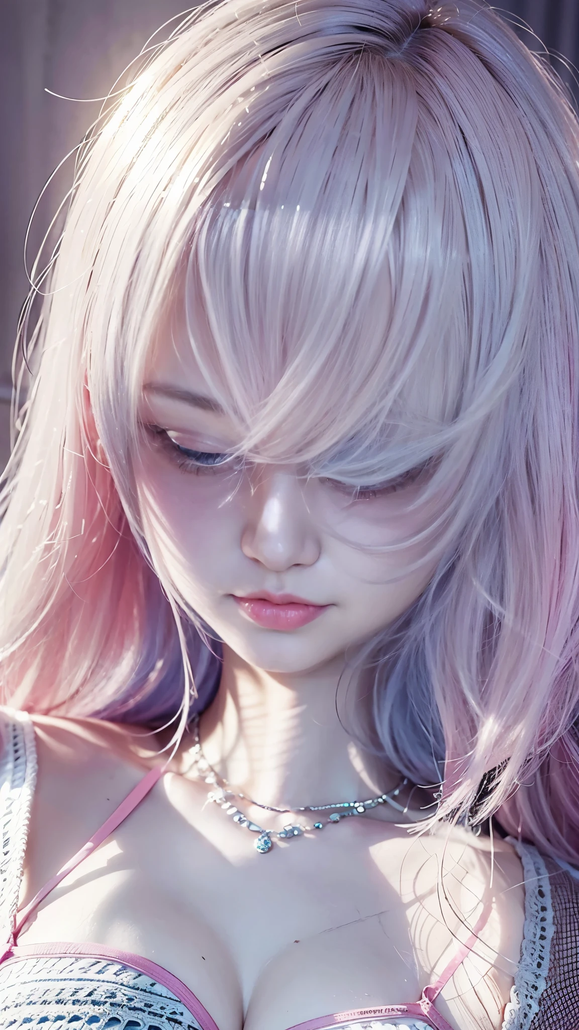 Extremely realistic and detailed image quality、Bust size 40 inchesMcup、Super big breasts、Tight waist、White and pink halter neck leotard、Extremely high leg、The fabric is thin, so the nipples are clearly visible.、I can see the pussy line、Protruding pubic hair、Blue Very Short Hair、Wide, cool, slanted eyes、Long limbs、Urban city monochrome background