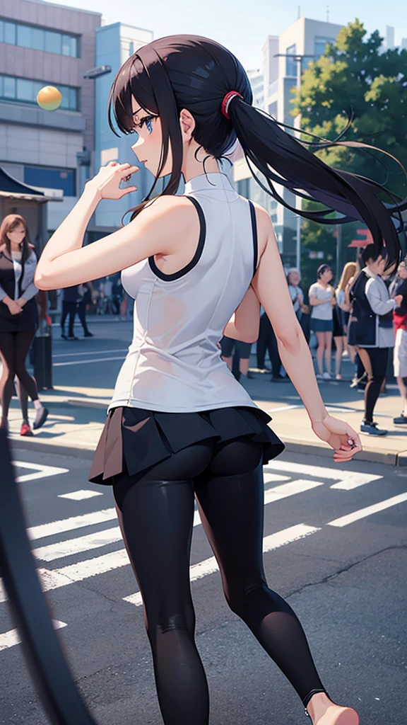 Anime girl turning her back with tight leggings and barefoot without tennis shoes or socks