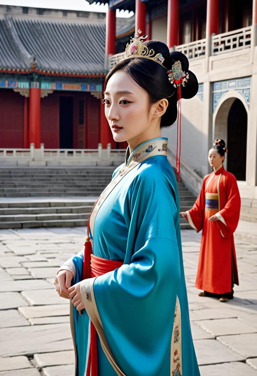 A full-body figure resembling Chinese actress Zhou Xun, with the background of stone paving outside a Chinese palace during the Qing dynasty. An empress from the Chinese palace during the Qing dynasty is standing in a red Hanfu, bare except for her large buttocks, her loincloth pulled down to show them, her large breasts are visible in profile, her hair is wearing the crown of a Chinese empress, a gorgeous crown for a Chinese empress, her hair is tied up and pulled up at the back,
