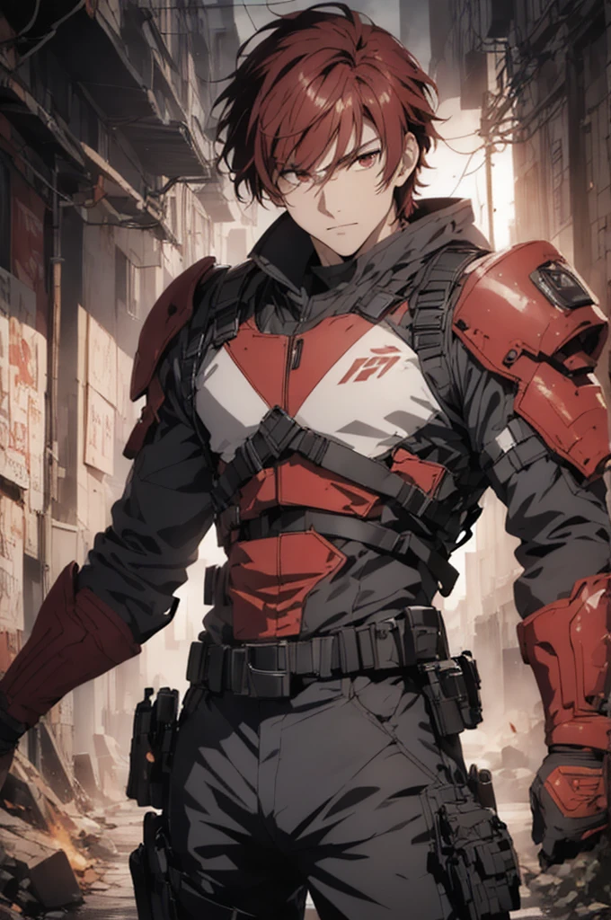 1man, handsome, red hair, wearing combat suit, ultra high resolution, best quality, masterpiece, rtx,ray tracing, 4k, top quality, highly detailed, official art, stunning visuals 