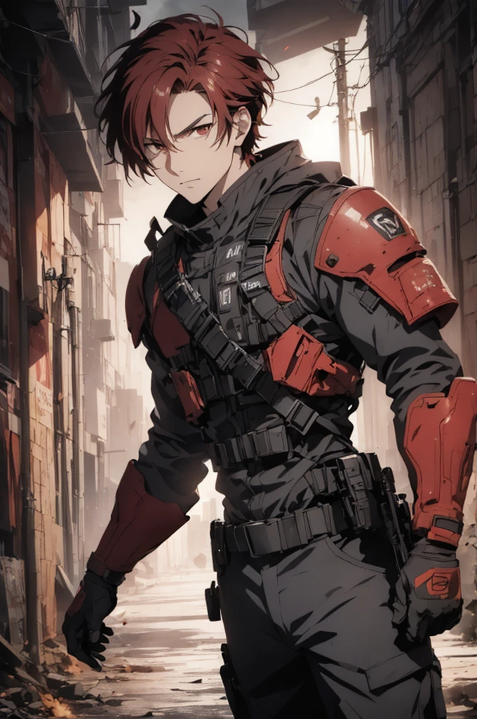 1man, handsome, red hair, wearing combat suit, ultra high resolution, best quality, masterpiece, rtx,ray tracing, 4k, top quality, highly detailed, official art, stunning visuals 