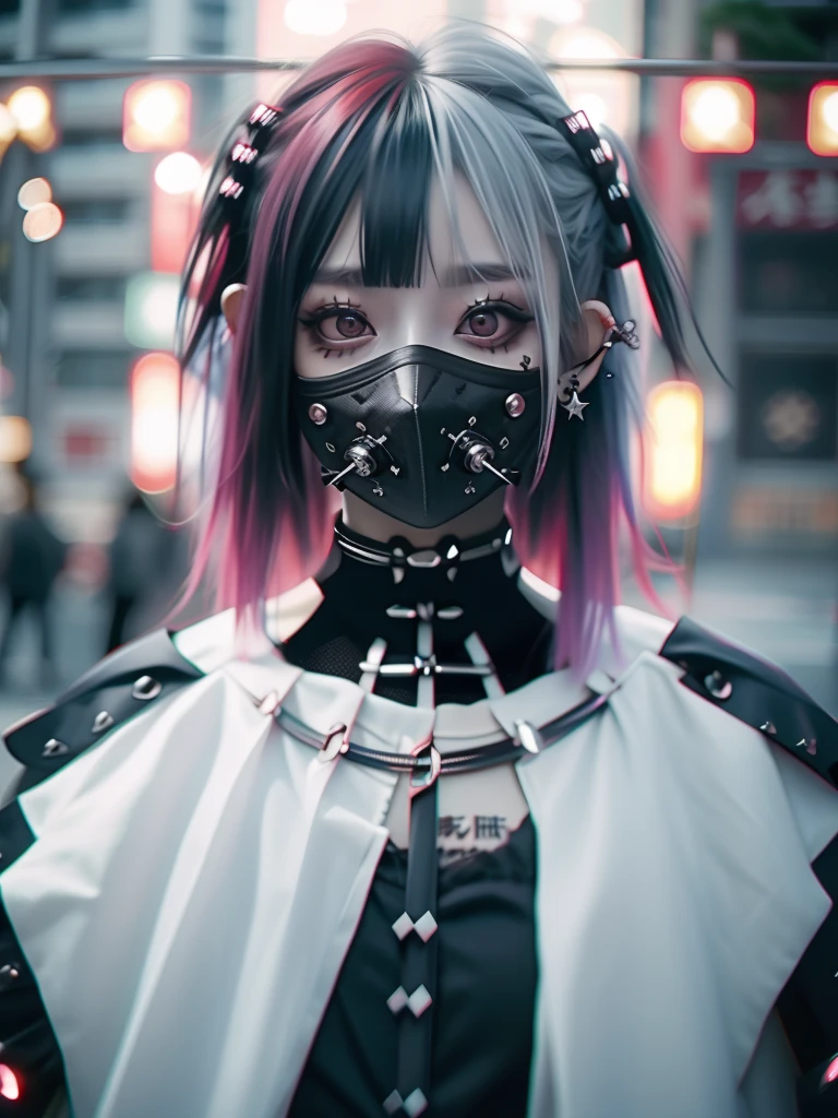 Red-haired、goth_punk, 1girl in, solo, medium shot, Walking in Harajuku, ((during night)), bokeh dof, Neon light, Iridescent eyes, starrysky, Red glowing hair, White eyebrows, Radiant hair, (iridescent white hair), earrings, bangss, jewely, masks, bluntbangs, verd s eyes, Mouth mask, blurry backround, bblurry, hair adornments, Look at viewers, shorth hair, portraitures, side locks