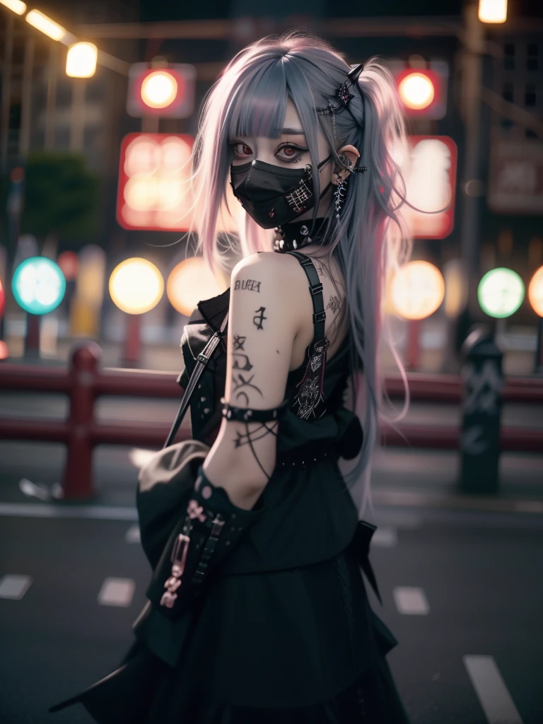 Red-haired、goth_punk, 1girl in, solo, medium shot, Walking in Harajuku, ((during night)), bokeh dof, Neon light, Iridescent eyes, starrysky, Red glowing hair, White eyebrows, Radiant hair, (iridescent white hair), earrings, bangss, jewely, masks, bluntbangs, verd s eyes, Mouth mask, blurry backround, bblurry, hair adornments, Look at viewers, shorth hair, portraitures, side locks