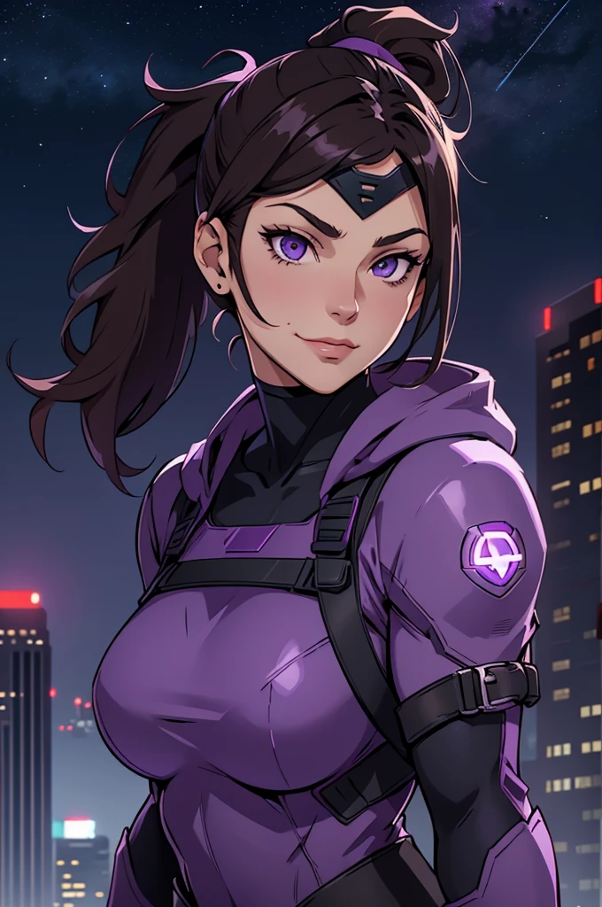 Girl, smirk, dark hair, ponytail, superhero, heroine, purple costume, balaclava, hero mask, white eyes, on a rooftop, night sky, skyline, high quality, best quality, masterpiece, 4K, 8K