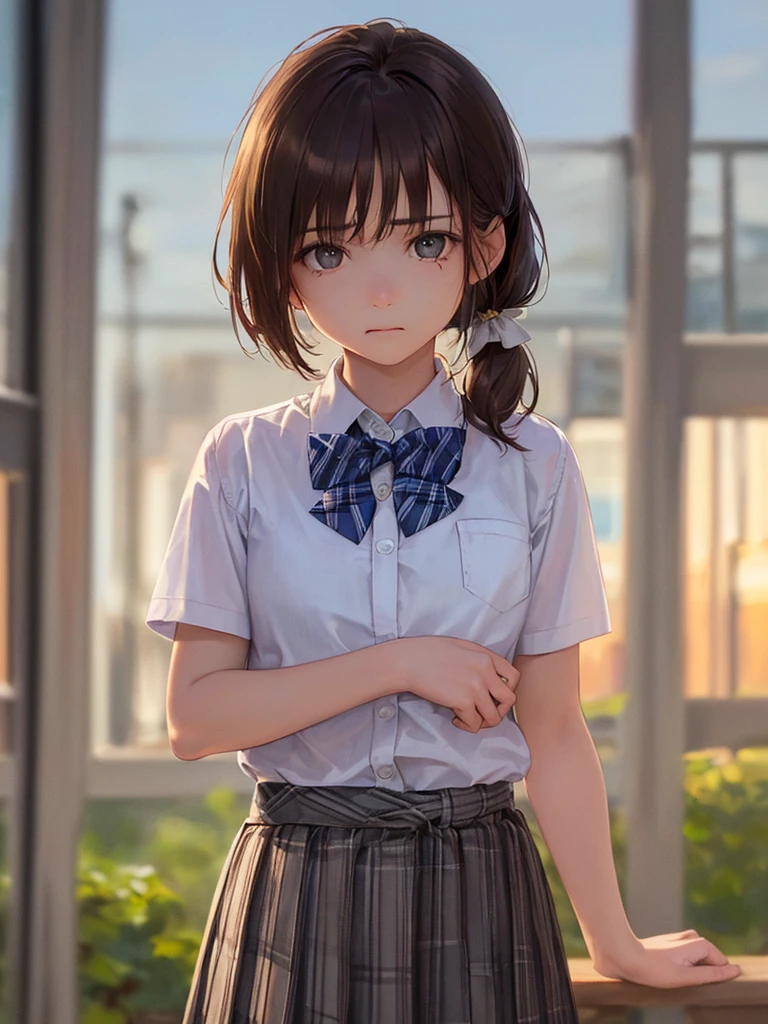 (Highest quality、8k、32K、masterpiece)、(Realistic)、(Realistic:1.2)、(High resolution)、Very detailed、Very beautiful face and eyes、(((Women's Solo Shot)))、Tight waist、(Highest quality、Attention to detail、Rich skin detail)、(Highest quality、8k、Oil paints:1.2)、(Realistic、Realistic:1.37)、Bright colors、(((Cowboy Shot)))、(((Bob Hair)))、(((Medium Hair)))、(((Side Ponytail)))、(((Has a sad look on his face)))、(((Brown Hair)))、((Collared short-sleeved shirt, White shirt, , Grey plaid pleated skirt, Blue checked bow tie), )、(((Schoolyard at dusk)))、(((I'm outside)))、(((Shoulder drops)))、(((Orange sky)))、
