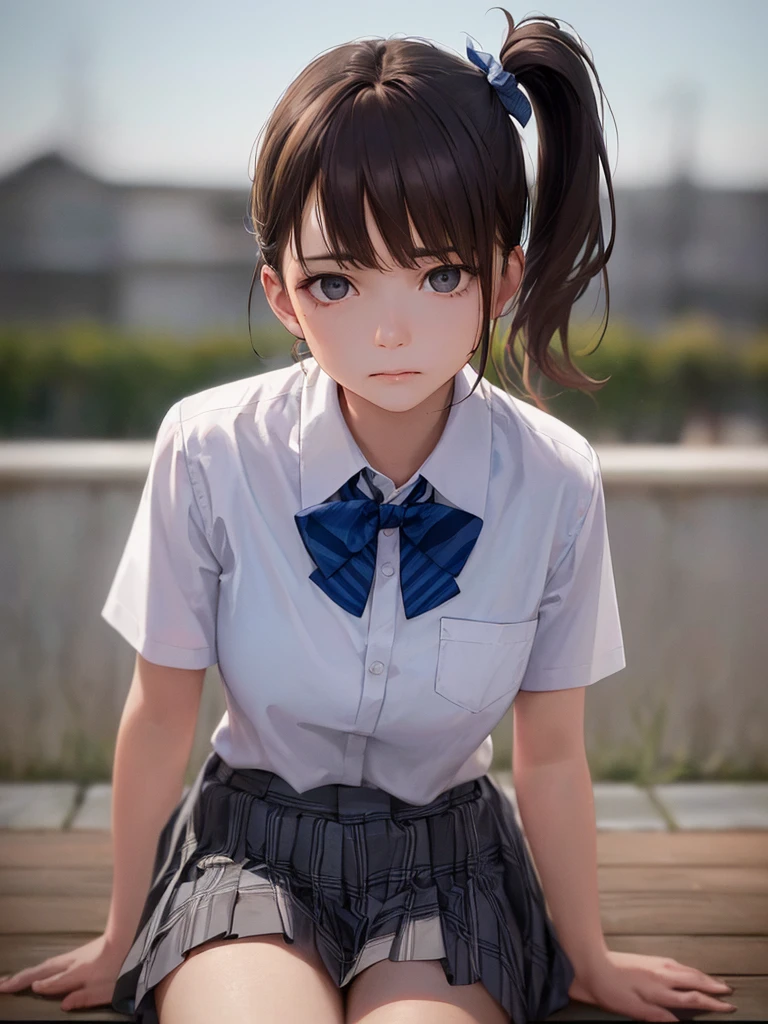 (Highest quality、8k、32K、masterpiece)、(Realistic)、(Realistic:1.2)、(High resolution)、Very detailed、Very beautiful face and eyes、(((Women's Solo Shot)))、Tight waist、(Highest quality、Attention to detail、Rich skin detail)、(Highest quality、8k、Oil paints:1.2)、(Realistic、Realistic:1.37)、Bright colors、(((Cowboy Shot)))、(((Bob Hair)))、(((Medium Hair)))、(((Side Ponytail)))、(((Has a sad look on his face)))、(((Brown Hair)))、((Collared short-sleeved shirt, White shirt, , Grey plaid pleated skirt, Blue checked bow tie), )、(((Schoolyard at dusk)))、(((I'm outside)))、(((Shoulder drops)))、(((Orange sky)))、