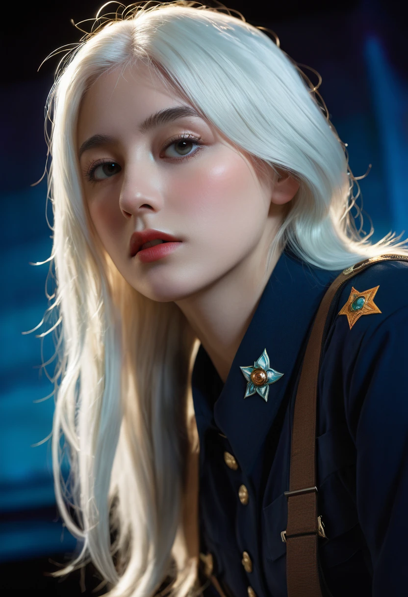 (Front focus),(in the darkness:1.6), Surrealist Portraits of Women by David Hockney and Alphonse Mucha,Fantasy Art, Photo-realistic, Dynamic Lighting, Art Station, poster, Volumetric Lighting, Very detailed faces, 4K, The award-winning,, 1 Girl, in the darkness, Deep Shadows, Low profile,Cowboy shooting,(Official uniform:1.4) ,Long hair,White hair,