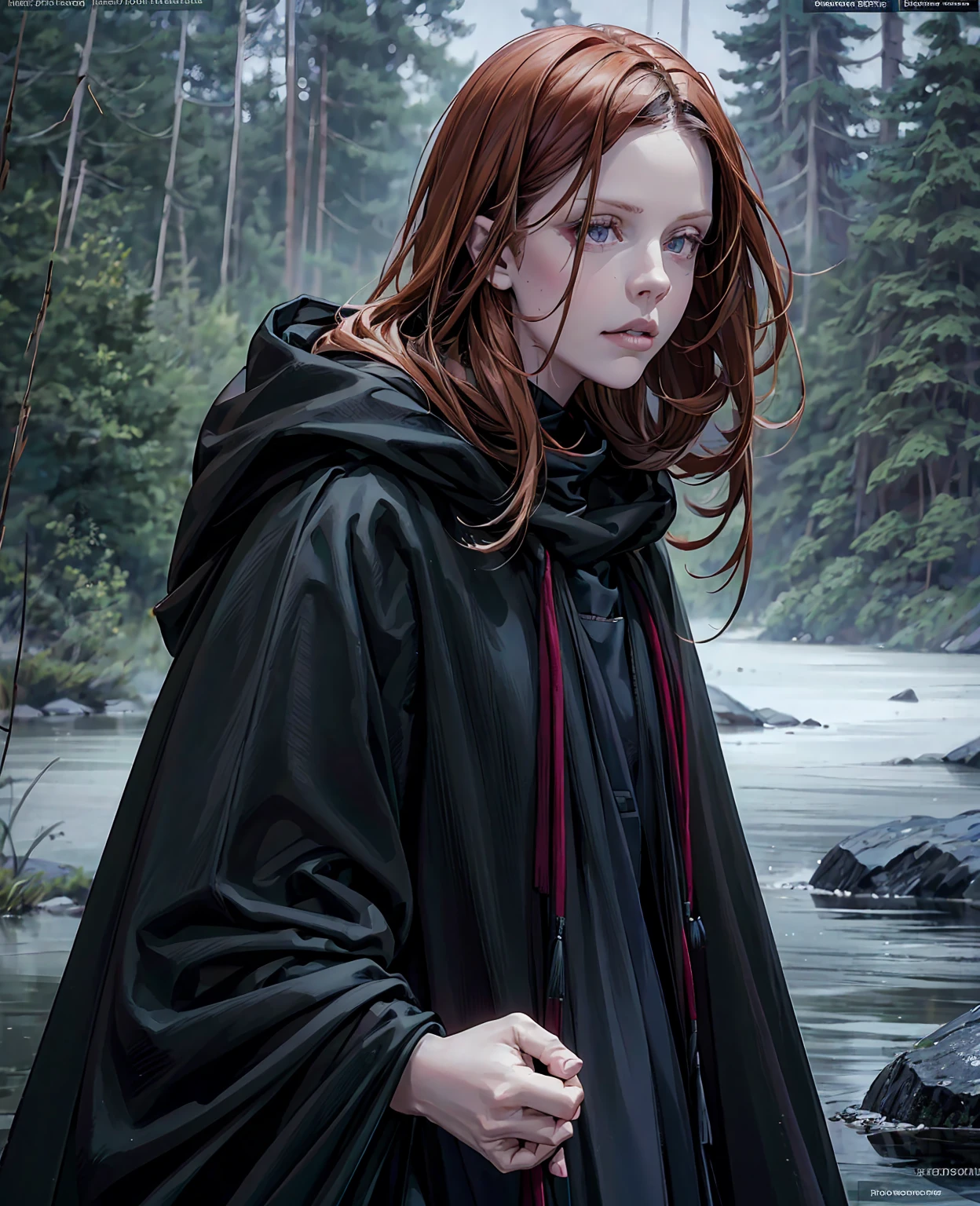 Mia Goth, redhead girl in black hooded cloak, standing in lakeside forest, sensual expression, beautiful detailed eyes, beautiful detailed lips, extremely detailed face, long eyelashes, dark moody atmosphere, mist, dramatic lighting, cinematic, (best quality,8k,highres,masterpiece:1.2),ultra-detailed,(realistic,photorealistic:1.37),moody fantasy portrait