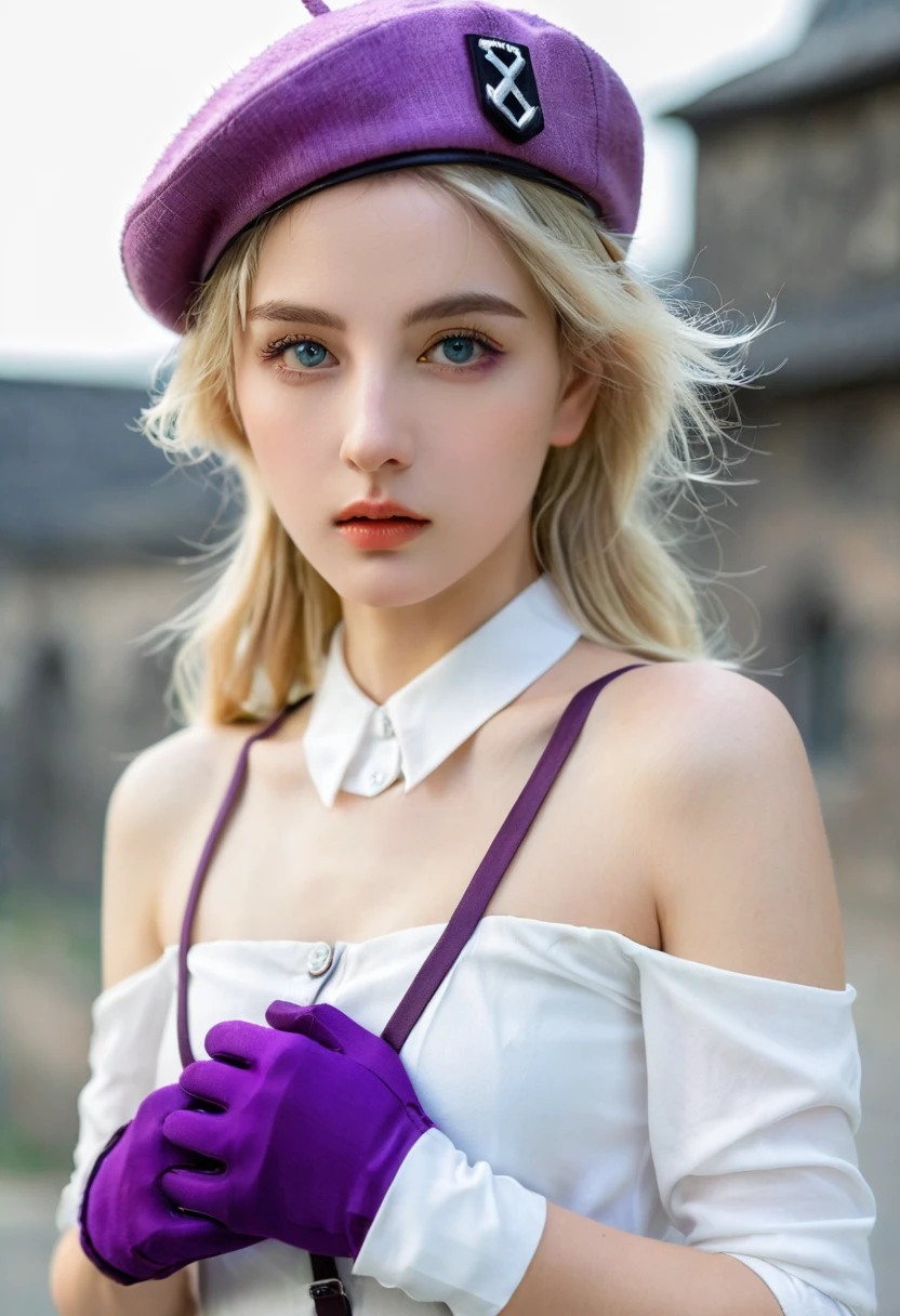 z23,, Textured Skin, 8K, Beautiful and delicate eyes, light, Beautiful and delicate face, Extremely detailed, world masterpiece theater, light,, 1 Girl, Solitary, Blonde Hair, Purple Eyes, Hairpin, White shirt, Berets, Bare shoulders, Gloves, Iron Cross, Cycling Shorts, :d, armband, white Gloves, Cowboy shooting,