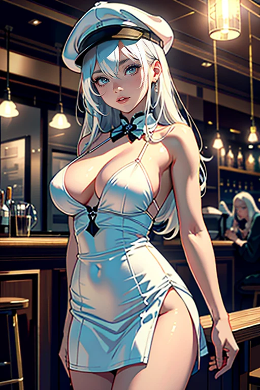 realistic 1 girl, beautiful detailed eyes, beautiful detailed lips, extremely detailed face and body, long white hair, brown eyes, medium breasts, white lingerie, short gray skirt, gray hat, standing in front of a cafe, best quality, 4k, 8k, highres, masterpiece, ultra-detailed, realistic, photorealistic, photo-realistic, HDR, UHD, studio lighting, ultra-fine painting, sharp focus, physically-based rendering, extreme detail description, professional, vivid colors, bokeh