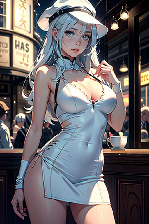 realistic 1 girl, beautiful detailed eyes, beautiful detailed lips, extremely detailed face and body, long white hair, brown eyes, medium breasts, white lingerie, short gray skirt, gray hat, standing in front of a cafe, best quality, 4k, 8k, highres, masterpiece, ultra-detailed, realistic, photorealistic, photo-realistic, HDR, UHD, studio lighting, ultra-fine painting, sharp focus, physically-based rendering, extreme detail description, professional, vivid colors, bokeh