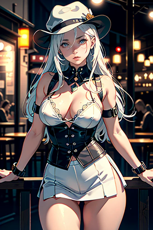 realistic 1 girl, beautiful detailed eyes, beautiful detailed lips, extremely detailed face and body, long white hair, brown eyes, medium breasts, white lingerie, short gray skirt, gray hat, standing in front of a cafe, best quality, 4k, 8k, highres, masterpiece, ultra-detailed, realistic, photorealistic, photo-realistic, HDR, UHD, studio lighting, ultra-fine painting, sharp focus, physically-based rendering, extreme detail description, professional, vivid colors, bokeh