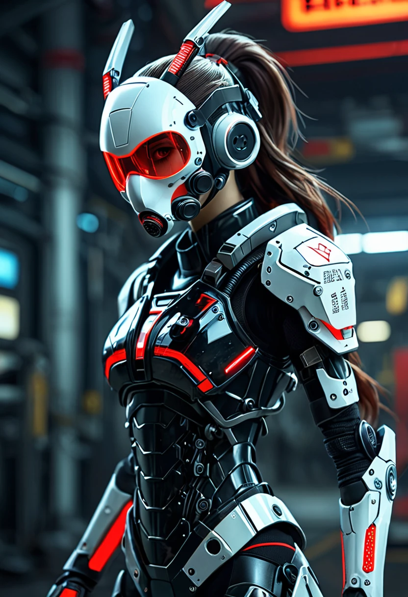 futuristic female,  miko motif exoskeleton suit, led, gas mask, holding a red blade, machinery, digital engraving, ultra highres, absurdres, deep glow effect, hdr, light particles, cinematic lighting, depth of field