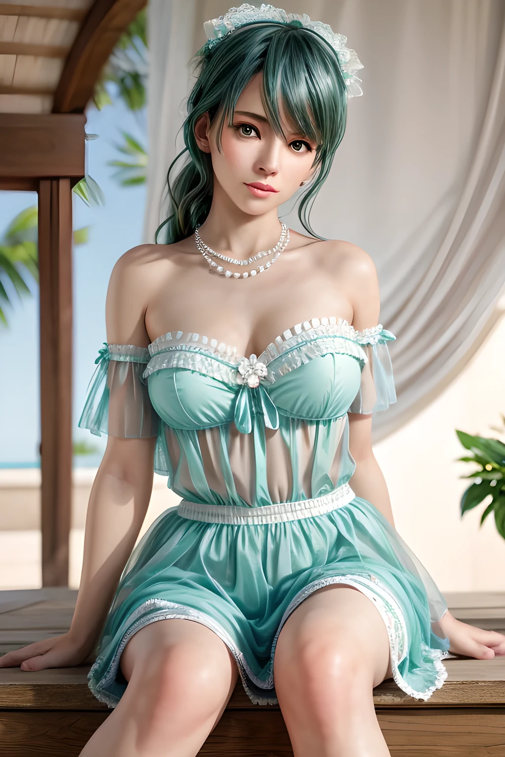 1girl,A female sits on a white floor with her legs crossed at one side. They wear a light green dress with sheer puff sleeves and a fitted bodice, tied with a light blue bow at the waist. The outfit exudes a feminine and sophisticated beauty, with a pearl necklace around her neck and flower accessories in her hair. The soft natural light creates a serene and elegant atmosphere, enhancing the overall composition. The background features floral elements and sheer curtains, adding an ethereal and springtime feel to the scene., (best quality,8k,highres,masterpiece:1.2),ultra-detailed,(realistic,photorealistic,photo-realistic:1.37),studio lighting,ultra-fine painting,sharp focus,physically-based rendering,extreme detail description,professional,vivid colors