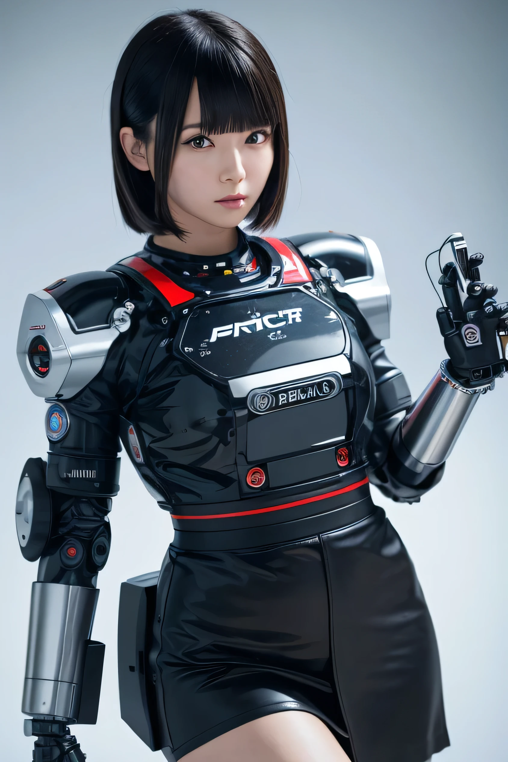masterpiece, best quality, extremely detailed, Japaese android girl,Plump , control panels,android,Droid,Mechanical Hand, Robot arms and legs, Black hair,Blunt bangs,perfect robot girl,long tube,thick cable connected her neck,android,robot,humanoid,cyborg,japanese cyborg girl ,future laboratory,connecting a cable between the legs,skirt, high socks