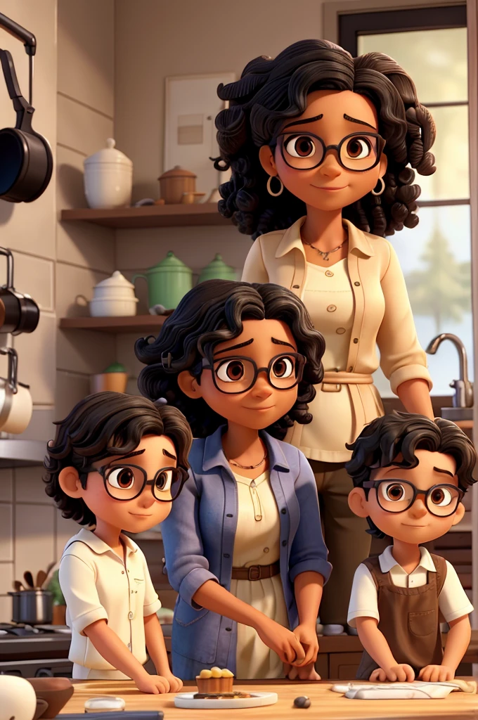 A woman in her 40s, with curly black hair, ela é branca e has brown eyes. Along with a 9 boy, slicked black hair, He wears glasses, has brown eyes, He is white. Together with these people I want you to create a colorful kitchen environment where the grandmother is baking a cake with the boy