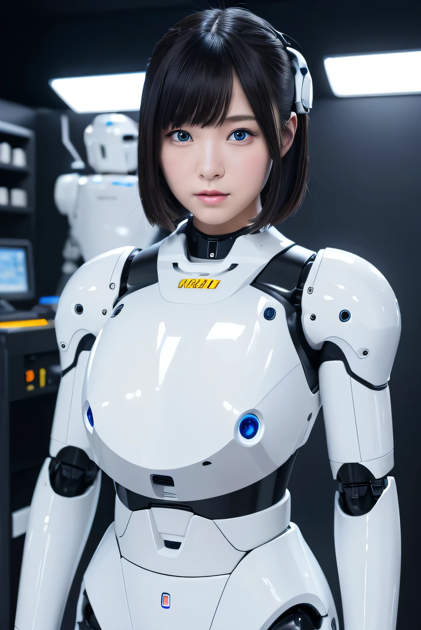 masterpiece, Highest quality, Very detailed, 8K Portrait,日本のAndroidの女の子,Plump , Control panel,robotの腕と脚, Blunt bangs,Chubby,Squat,perfect robot girl,Long tube,A thick cable was attached to her neck.,Android,robot,humanoid,cyborg,japanese cyborg girl ,robot-assembly plant,
