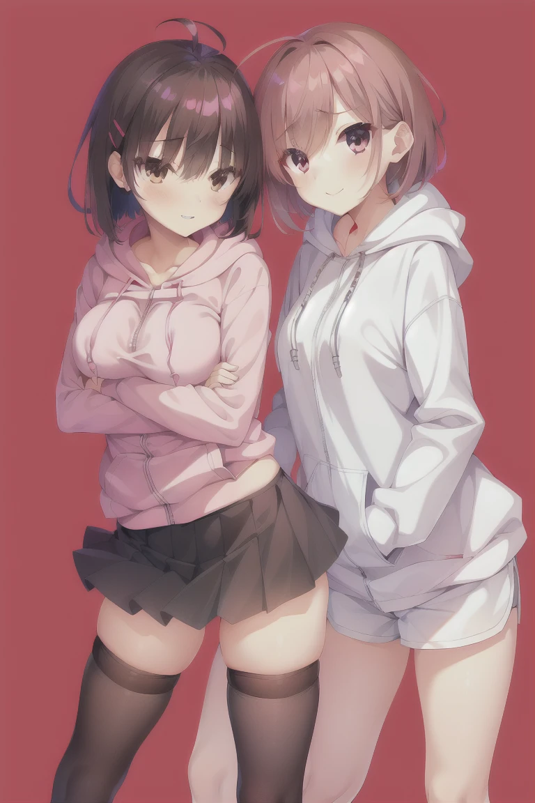 two_girls,high_resolution,standing,simple_background,bangs,(red_hoodie:1.3),(black_pleated_skirt:1.35),bob_hair,brown_hair,独奏,black_skirt,blush,skirt,white_background,breasts,eyebrows_ass visible_through_hair,short_hair,smile,red_eyes,looking_at_viewer,thighhighs,long_sleeves,medium_hair,thighs,hair_ornament,hairclip,medium_breasts,shoes,zettai_ryouiki,hood,hoodie,sneakers,brown_legwear,feet_out_of_frame,hood_down,sleeves_past_wrists,drawstring,red_hoodie,bangs,smiling,独奏,blush,jacket,simple_background,white_background,breasts,cleavage,large_breasts,open_mouth,shorts,eyebrows_ass visible_through_hair,short_hair,ahoge,bionde_hair,long_sleeves,large_breasts,hair_between_eyes,standing,shirt,grey_eyes,white_shirt,collarbone,gray_shorts,parted_lips,hood,hooded_jacket,zipper,animal_hood,hood_up,hoodie,hand_up,outline,short_shorts,grey_shorts,dolphin_shorts,sleeves_past_wrists,cropped_Legs,sleeves_past_fingers,pink_jacket,pink_hoodie,expensive_solve, clear_image, expensive_Contrast, 8k, Sparkling, beautiful_detailed_face_and_eye, (Brown Hair:1.25), 白 eye