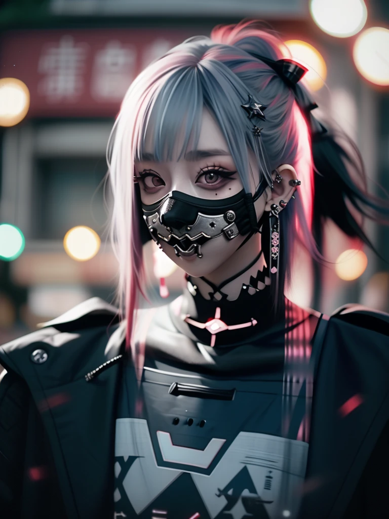 Red-haired、goth_punk, 1girl in, solo, medium shot, Walking in Harajuku, ((during night)), bokeh dof, Neon light, Iridescent eyes, starrysky, Red glowing hair, White eyebrows, Radiant hair, (iridescent white hair), earrings, bangss, jewely, masks, bluntbangs, verd s eyes, Mouth mask, blurry backround, bblurry, hair adornments, Look at viewers, shorth hair, portraitures, side locks