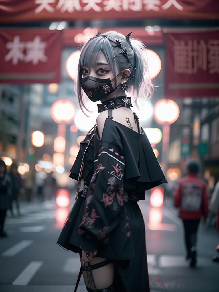 Red-haired、goth_punk, 1girl in, solo, medium shot, Walking in Harajuku, ((during night)), bokeh dof, Neon light, Iridescent eyes, starrysky, Red glowing hair, White eyebrows, Radiant hair, (iridescent white hair), earrings, bangss, jewely, masks, bluntbangs, verd s eyes, Mouth mask, blurry backround, bblurry, hair adornments, Look at viewers, shorth hair, portraitures, side locks