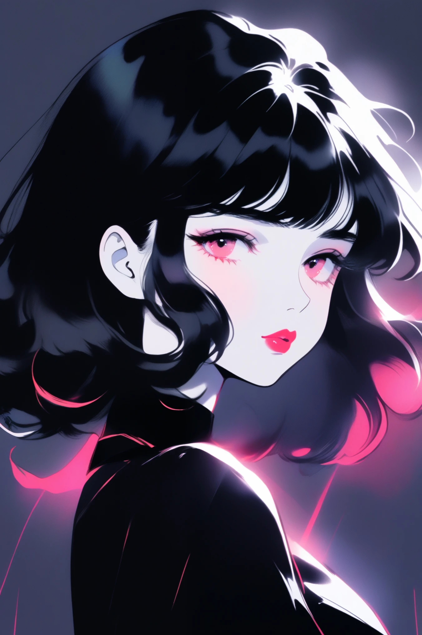 (best quality, sketch:1.2),Practical,ilustrador,Japanese cartoons,1 girl, Delicate lips, Black skirt,custom, (Background dark solid color), Black Hair,Texture cropping, masterpiece, The style is vintage, Deep Black, Art, sketch book, (Bob hair black:1.75 Neon:1.32), Bad Woman , Dark Shadows 