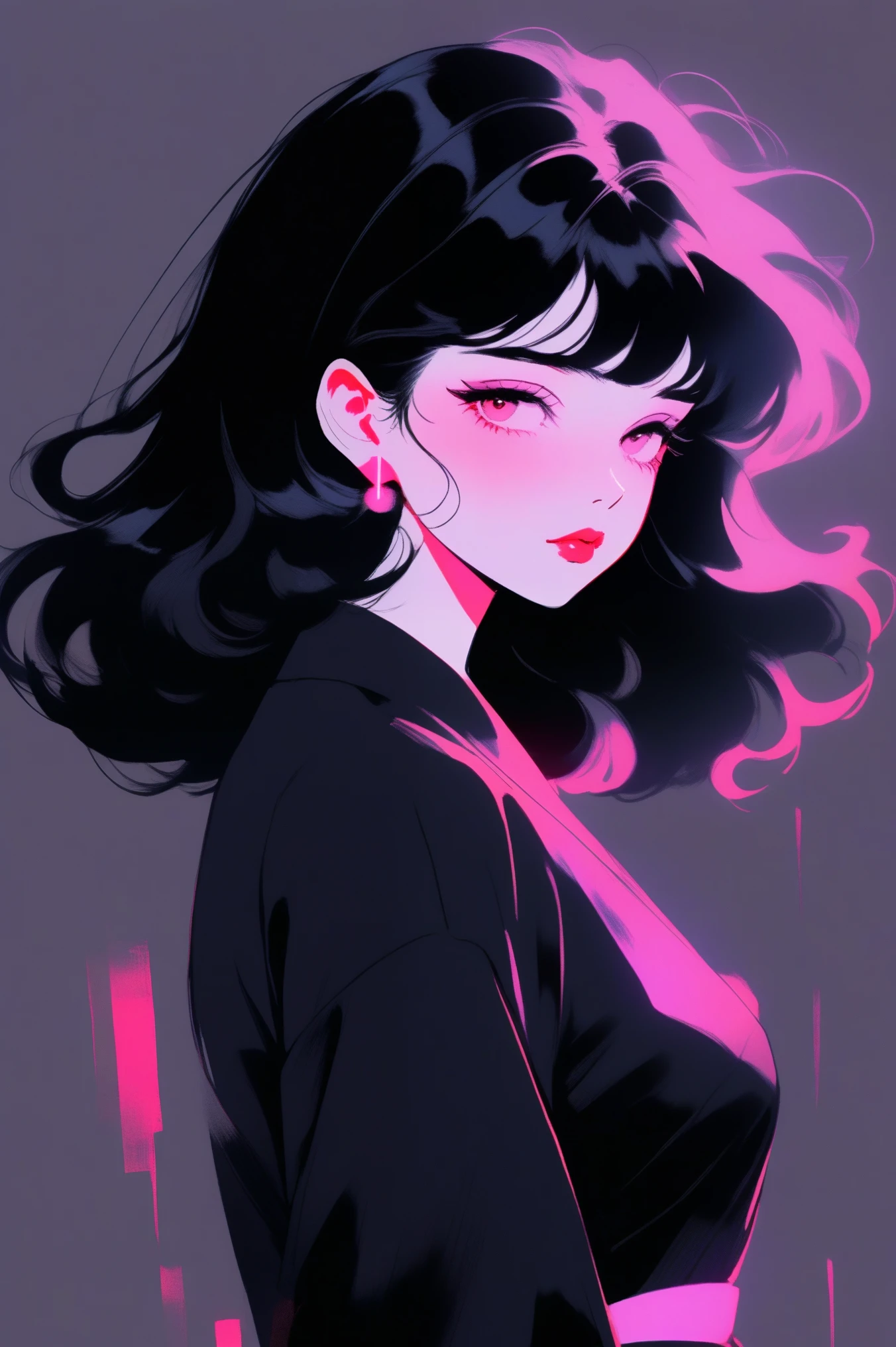 (best quality, sketch:1.2),Practical,ilustrador,Japanese cartoons,1 girl, Delicate lips, Black skirt,custom, (Background dark solid color), Black Hair,Texture cropping, masterpiece, The style is vintage, Deep Black, Art, sketch book, (Bob hair black:1.75 Neon:1.32), Bad Woman , Dark Shadows