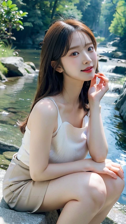 ((((best quality))))、(((Ultra-high precision CG16K wallpaper))), 8K, masterpiece, 1 girl, front, nude, Smile,，Square face，(Perfect hands:1.4),(Extremely delicate face and skin), ,(Huge breasts: 1.2), Leaking out of long legs，River in the background，Mountains and rivers，Butterfly