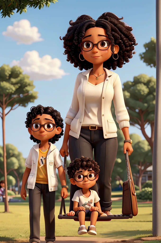 A woman in her 40s, with curly black hair, ela é branca e has brown eyes. Along with a 9 year old boy, slicked black hair, He wears glasses, has brown eyes, He is white. Together with these people I want you to create a colorful park environment where they are walking together or playing together on a swing. 
