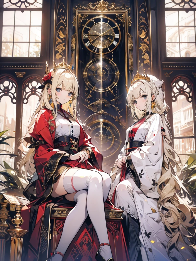 Princess sitting, blonde, guard behind her, big clock, chair