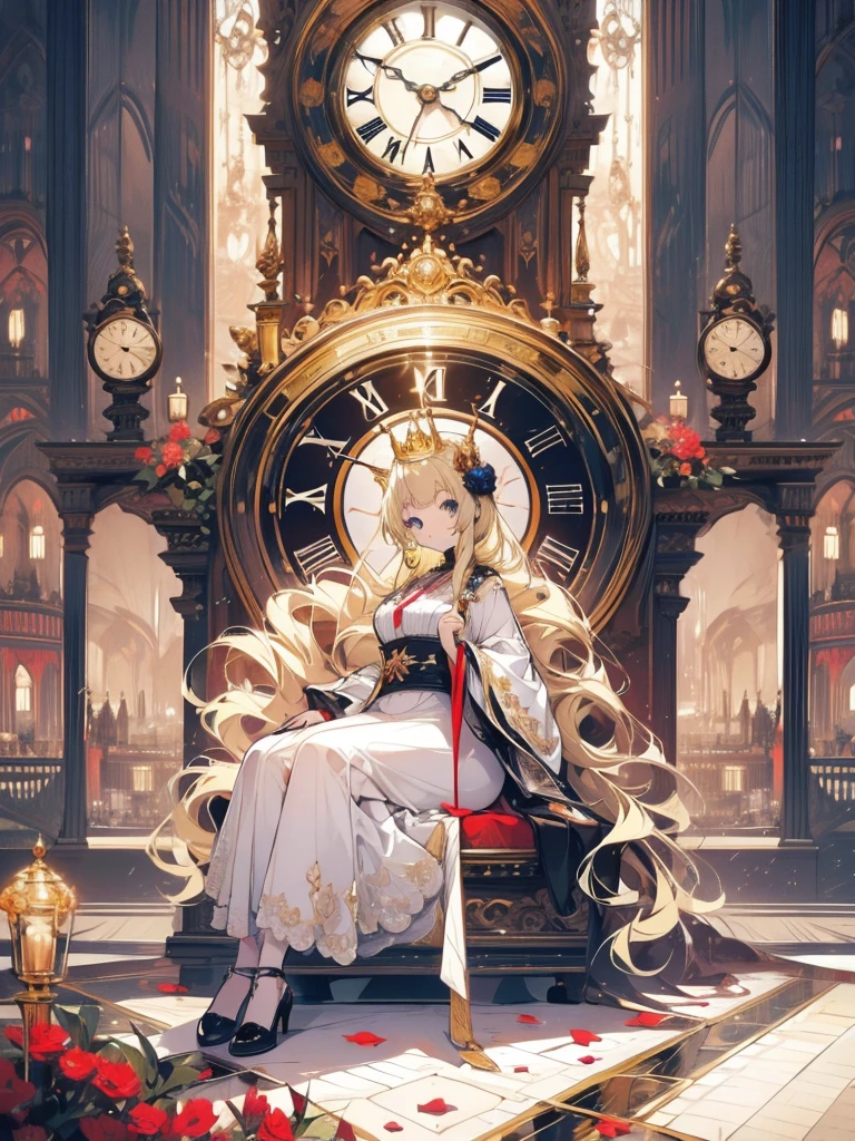 Princess sitting, blonde, guard behind her, big clock, chair