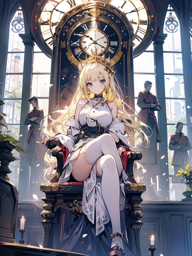 Princess sitting, blonde, guard behind her, big clock, chair