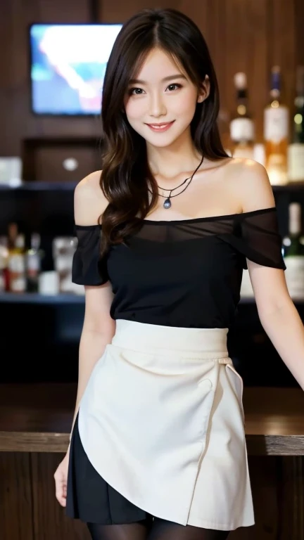 A superb exquisite real beautiful girl, semi long hair, extremely exquisite facial features, peerless beautiful girl, cold-shoulder tops, sheer black top shirt, black wrap skirt, exposed thighs, sweet shy smile with teeth, soft, dreamy quality, light white and dark brown, exaggerated facial features, solid color, frank off-white, surreal, blue gemstone necklace, ultra-clear, beautiful young girl, cute and lively, super short leggings, background at the bar counter, black sheer thighhigh,