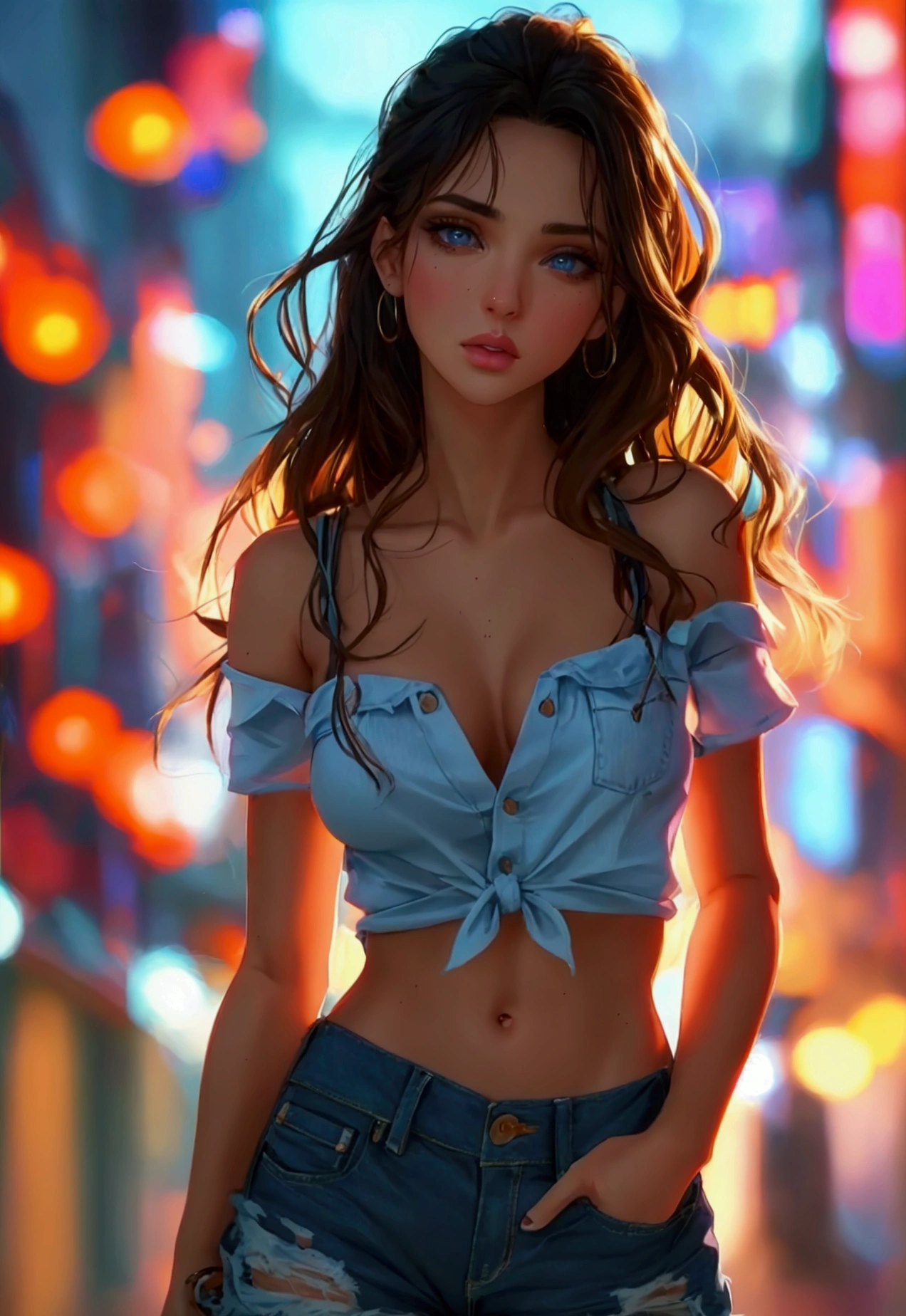 a beautiful woman piel canela ojos azules ,instagram influencer, streetwear style, jersey, sneakers, denim shorts, beautiful, hyperrealistic, 22 years old, flawless figure, anatomically perfect body, full body shot, (best quality,4k,8k,highres,masterpiece:1.2),ultra-detailed,(realistic,photorealistic,photo-realistic:1.37),HDR,UHD,studio lighting,ultra-fine painting,sharp focus,physically-based rendering,extreme detail description,professional,vivid colors,bokeh,portrait