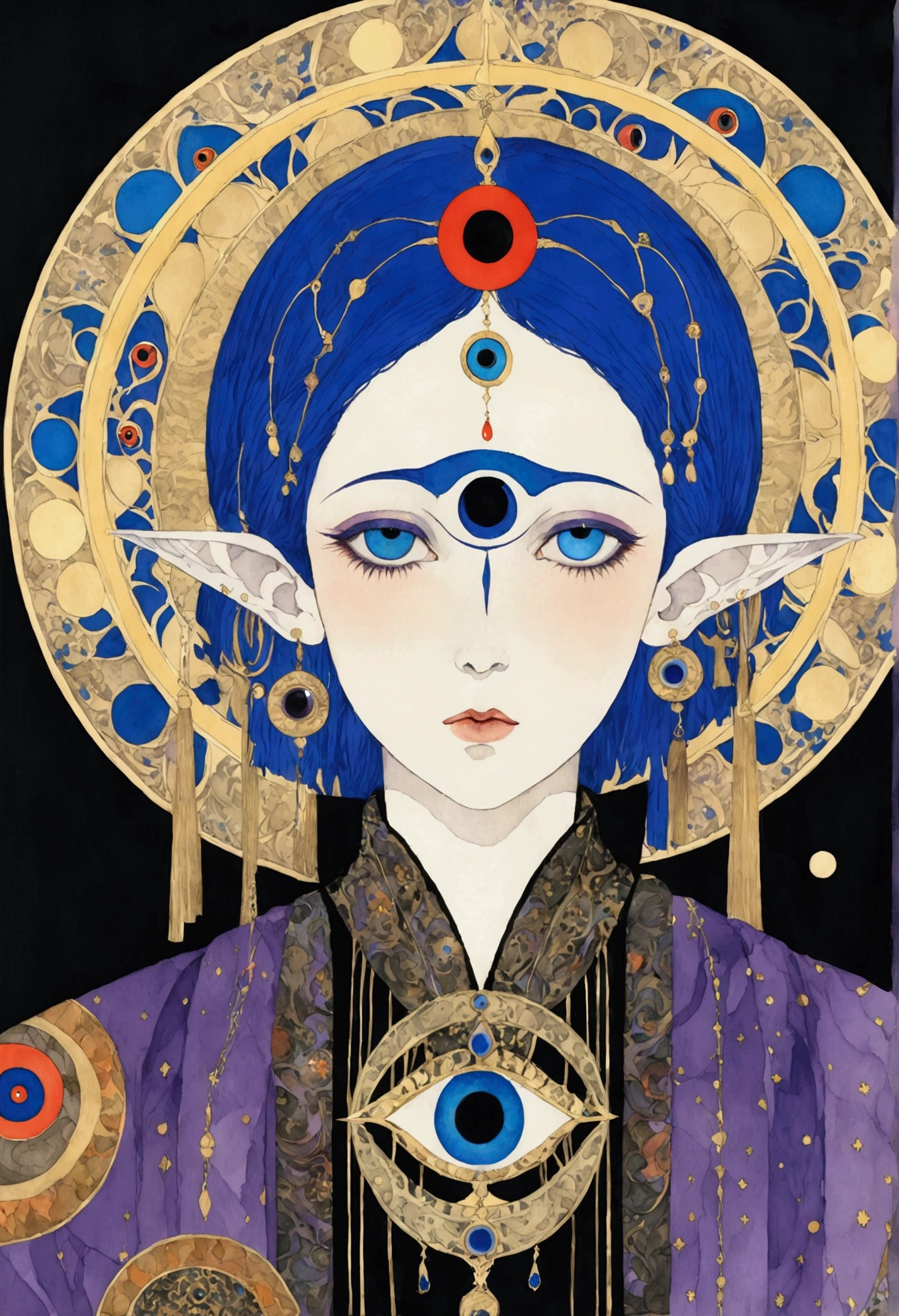 The art of math，Digital Illustration，Drawing，Decorative paintings，Watercolor，(((Harry Clark (Harry Clarke) style,圣地亚哥·卡鲁索style)))，Simple，clean，Fine painting style，(((The third eye on the forehead。short hair，Pointed ears，robe)))，Wide Angle，Black and blue，Solid color background，Human anatomy is correct