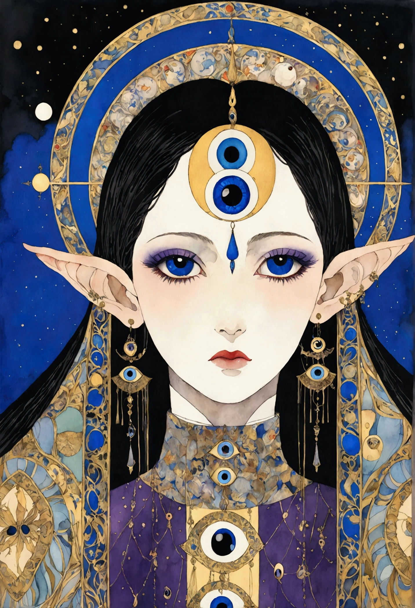 The art of math,Digital Illustration,Drawing,Decorative paintings,Watercolor,(((Harry Clark (Harry Clarke) style,圣地亚哥·卡鲁索style))),Simple,clean,Fine painting style,(((The third eye on the forehead。short hair,Pointed ears,robe))),Wide Angle,Black and blue,Solid color background,Human anatomy is correct