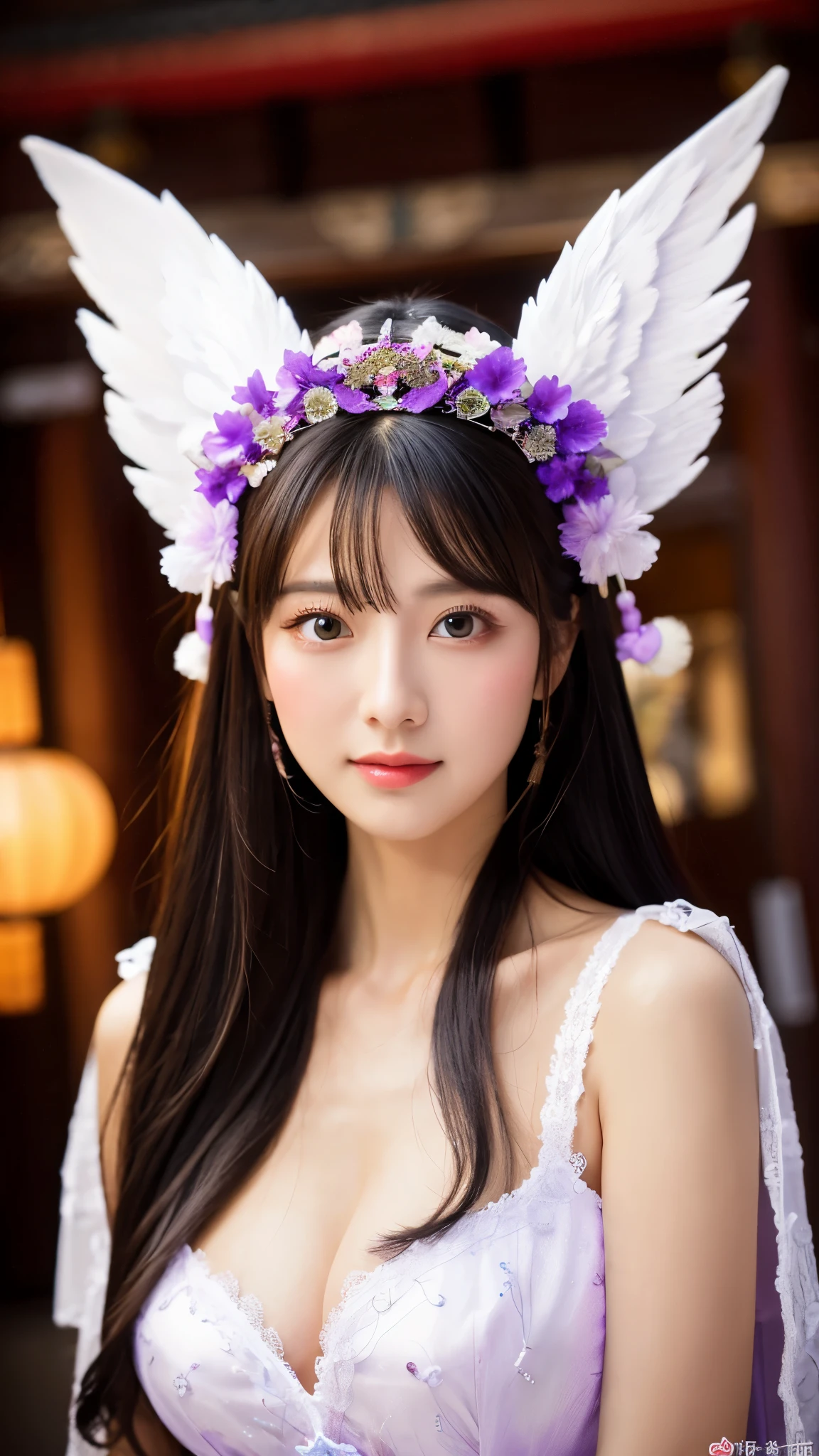 Headpiece, Long Hair, Black Hair, Purple eyes, Overlooking, Angel Halo, Decorative art, Large Breasts, Wide-angle shot, Chinese style, 