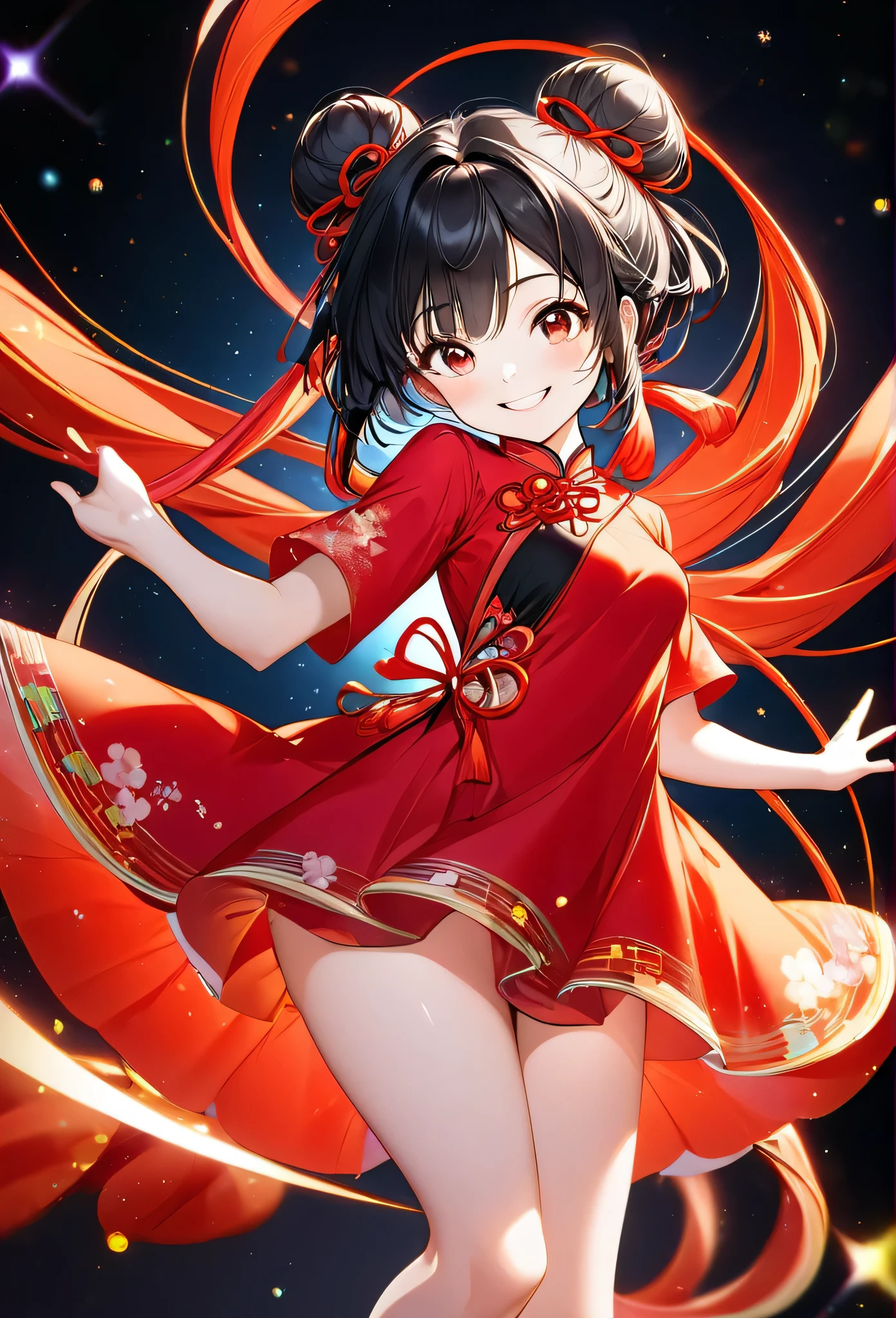Highest quality, Incredibly ridiculous, very detailed, 2.5D, Delicate and lively, a little, lovely woman, red chinese dress, Sparkling and bright color effects, another dimension background,smile,A big smile,bright expression,black hair,tie bread,8ก,high resolution,high resolution,