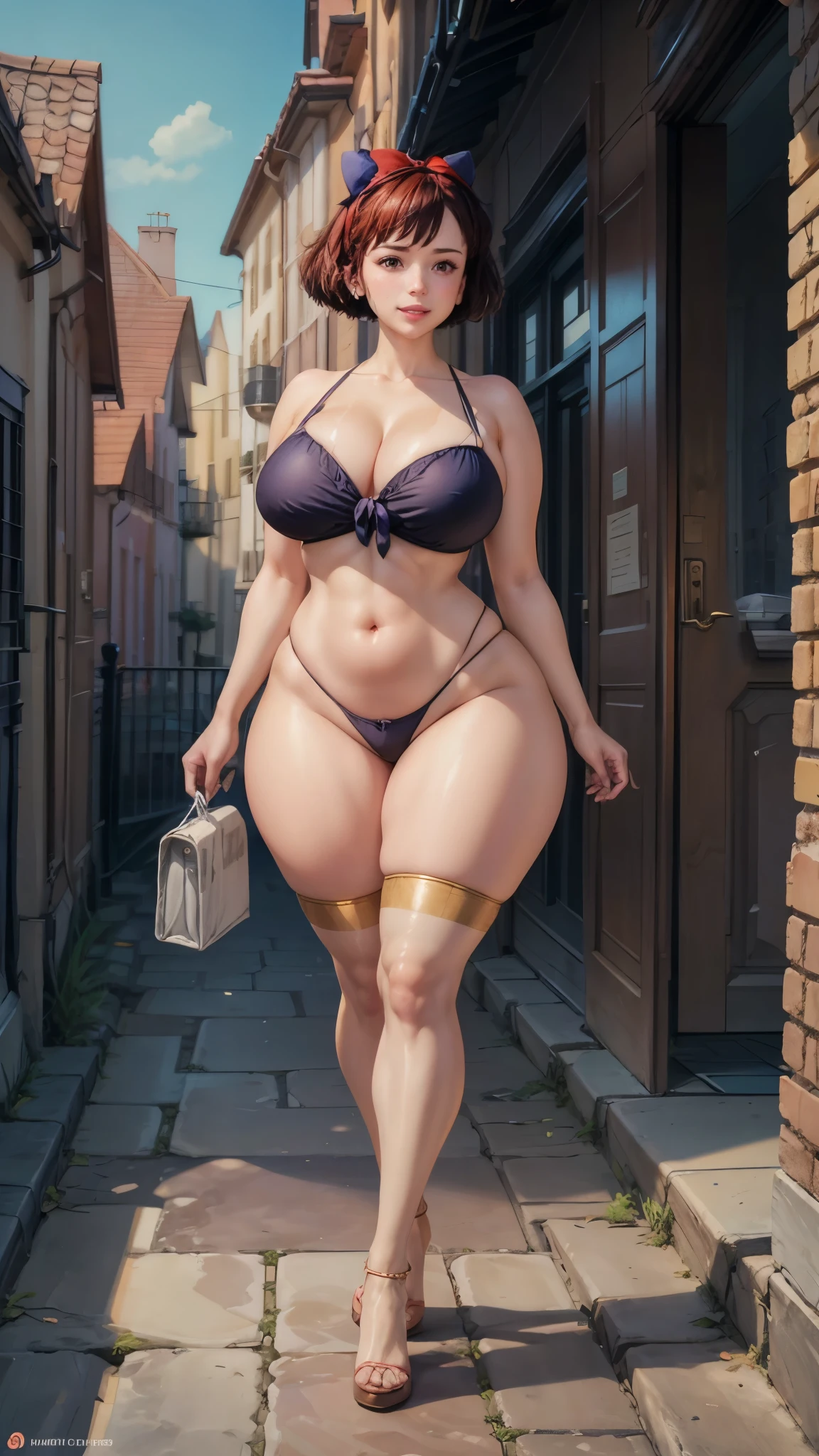 A tanned curvy woman with a bikini suntan line on her skin, Kiki's Delivery Service , europian city , super realistic skin, wearing thigh highs, detailed face, short bun hair, full body shot, attractive legs, curvy sensual body , huge breasts, big calves, meticulously detailed look, look sexual, attractive smile, nose piercing, blushed in red , photorealistic, 8k, ultra realistic.