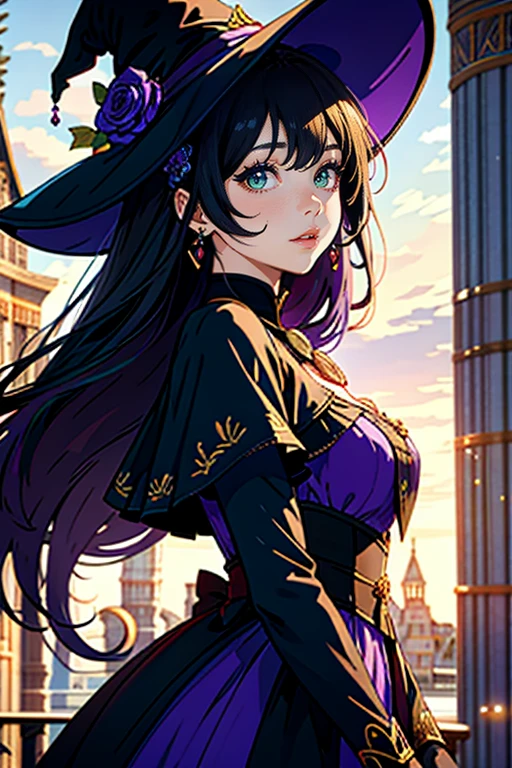 Beautiful girl, Perfect Face, Arms at your sides, masterpiece, Ultra-high resolution, high quality, 4K, Upper Body:1.5,  Lisa (Genshin Impact), urple witch hat, Green Eyes, Brown Hair, (Pure Eros Face_v1:0.008), (European:1.6), bangs, dress, Rose, jewelry, witch, Capelet, Purple hat, Black gloves, Purple Flower, Hair between the eyes, purple Rose, Lips parted, purple Capelet, Hat Flower, multicolored dress, hair ornaments,  windmill, From the side,