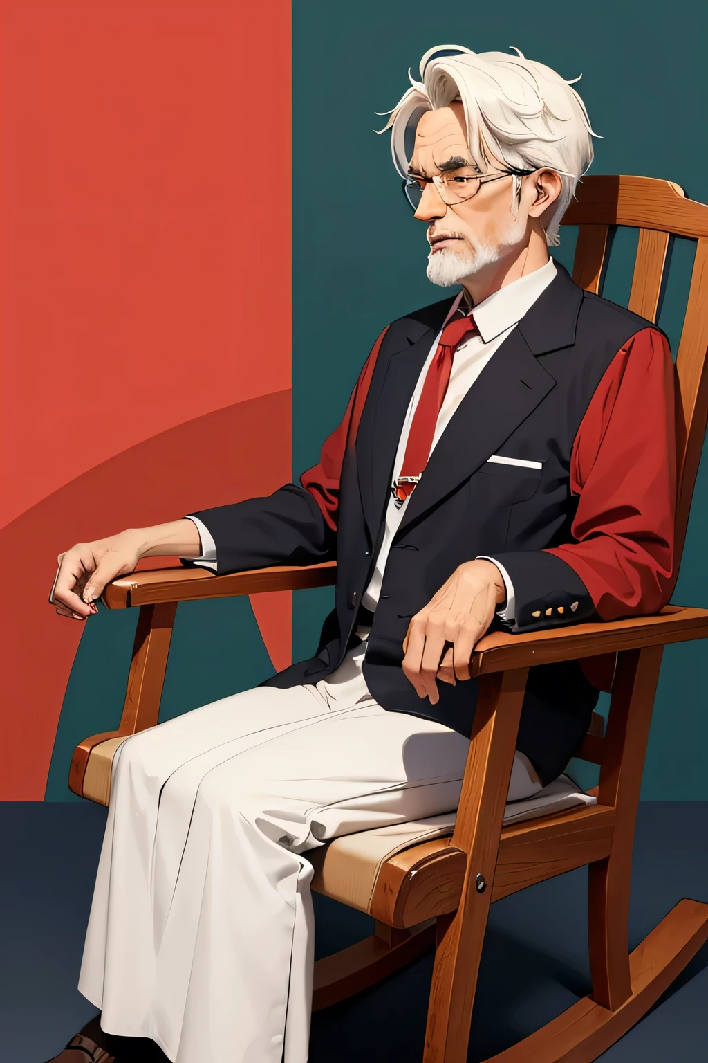 9:, high qualiy, 1 men, older, retiree, little money, sitting on a rocking chair, ao lado de uma caixa de Remedies, retireeria pobre, Remedies, Chagrined, only red colors, white and black.